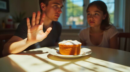 A man sits next to his girlfriend at a table where a pie is lying on a plate. The man makes a gesture with his palm, as if refusing to eat flour and sweets.