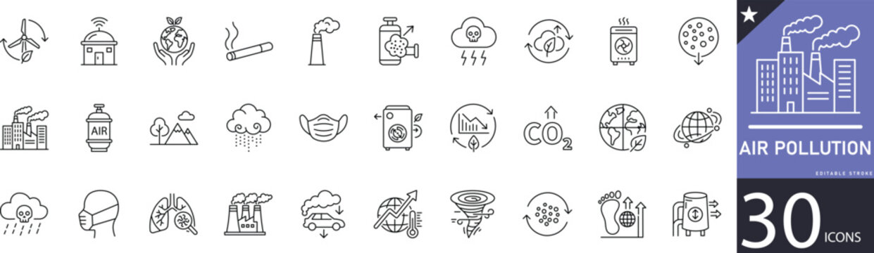 Minimal Air Pollution line icons showing smog, toxic gas, factory emissions, dust, and environmental hazards. Perfect for eco awareness, climate change projects, sustainability reports