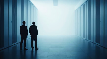 Two business investors look at their data centers and server racks.