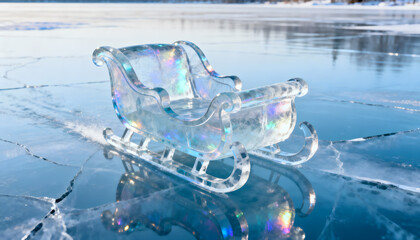Santa&rsquo;s sleigh made of transparent ice floating above frozen lake. Magical realism theme.