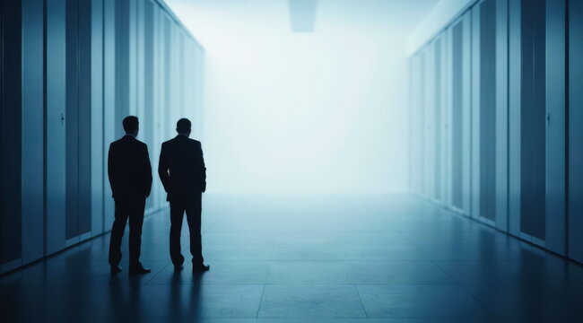 Two business investors look at their data centers and server racks.