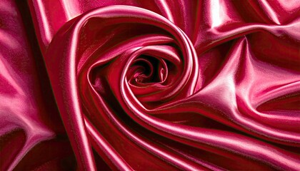 Obraz premium A close-up view of smooth, shiny pink satin fabric artfully folded to resemble a blooming rose, with dramatic lighting.