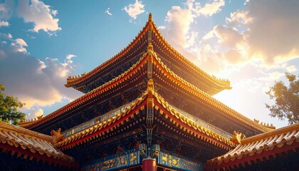 Obraz premium A close-up view of the ornate, multi-tiered roof of a traditional Chinese temple, bathed in warm sunlight.