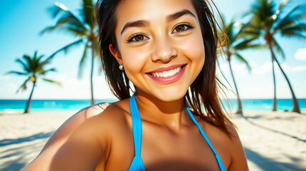 Tanned young woman in a blue bikini on vacation by the ocean on a beach with palm trees