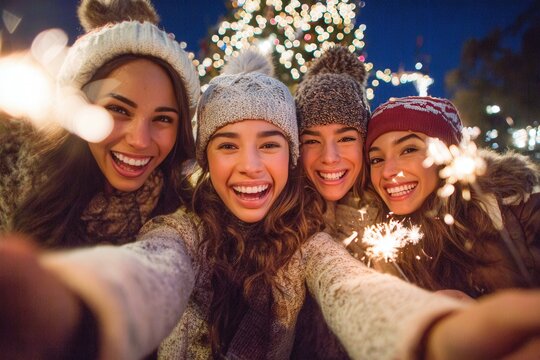 Four joyful young multiethnic women holding sparklers taking a selfie outdoors at night with festive lights