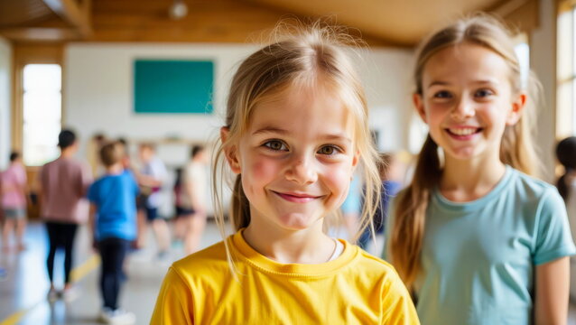 An elementary school student, a little girl with blonde hair and a yellow T-shirt, stands next to her friend during a physical education class