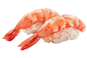 watercolor illustration of ebi nigiri sushi, cooked shrimp on rice | transparent png