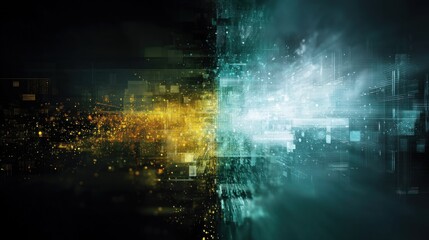 A digital abstract image featuring a contrasting blend of golden and teal hues, representing technology and data flow.
