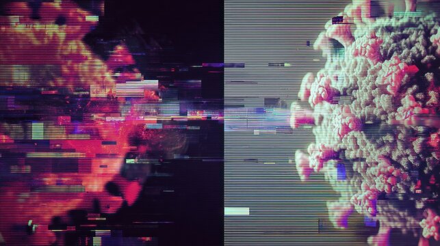 An abstract digital artwork showcasing a glitch effect, contrasting vibrant colors with a detailed representation of a virus.