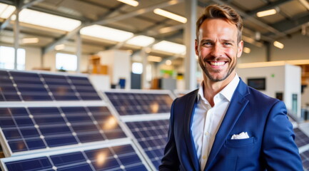 Happy male salesman standing near solar panels in warehouse