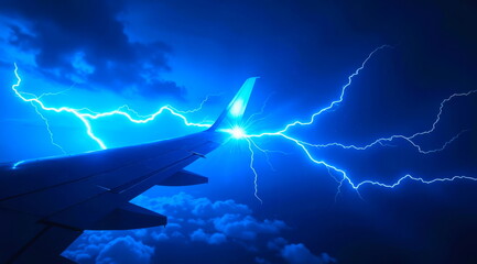 Lightning strikes the wing of a flying plane at night.