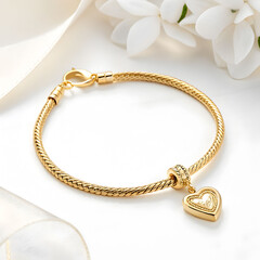 A luxurious gold bracelet featuring a delicate heart-shaped pendant, displayed on a white background