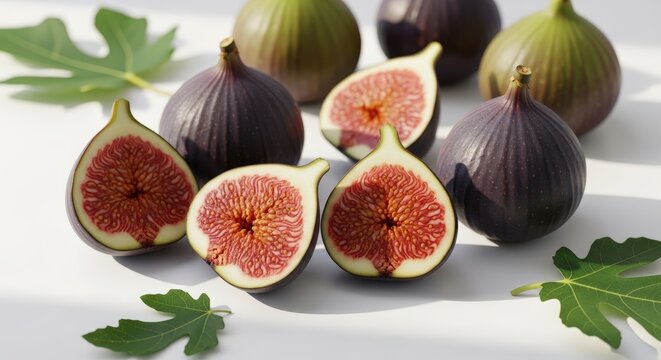 Freshly picked ripe figs, some whole and others sliced open, displaying their vibrant red pulp and tiny seeds, with green fig leaves scattered around on a light surface.