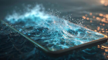 smartphone screen glowing with tiny ocean waves, surreal minimal tech style