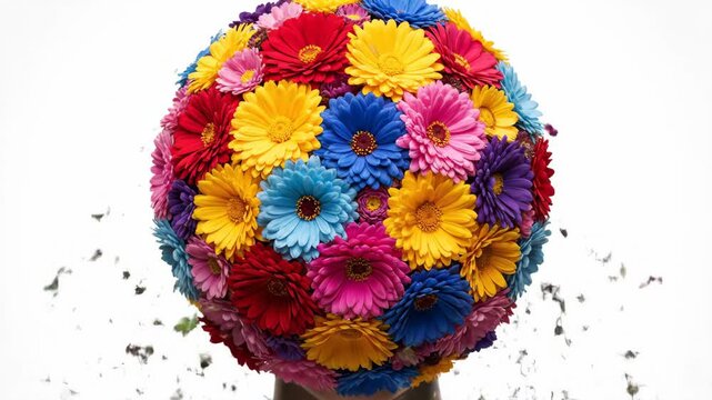 Woman with colorful flowers on face transforming into a bursting floral sphere, a video animation.