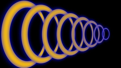 A sequence of glowing yellow rings with blue neon edges recedes into the distance against a black background, creating a futuristic tunnel-like abstract visual