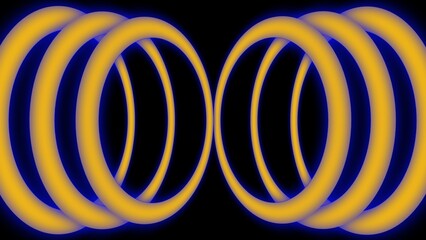 A series of glowing yellow rings with blue edges form a symmetrical pattern on a black background, creating a futuristic and hypnotic visual effect.
