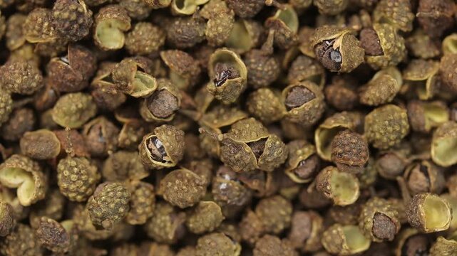 Pile of dried green szechuan peppercorns or chinese prickly ash rotating for background. Top view shot