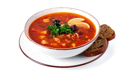 Hearty Solyanka Soup with Lemon and Rye Bread on White Background.