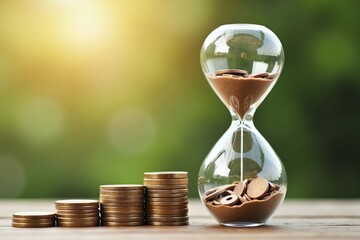 Capturing the Intersection of Wealth and Time Management: A Creative Photo Composition of an Hourglass Pouring Coins onto a Rising Stack