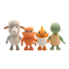 Fototapeta premium Stock image of cute plush animal toys sheep monster fish and turtle for kids room decor on transparent background