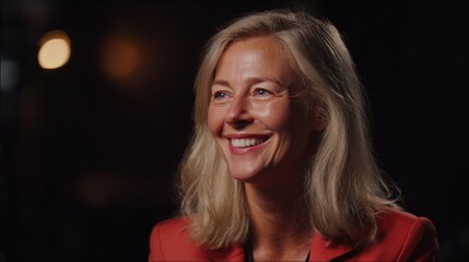 Happy Mature Woman Smiling Warmly Wearing Red Blazer in Studio Setting