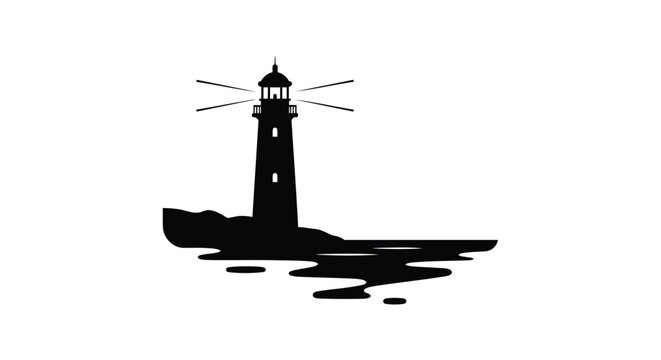 Iconic lighthouse silhouette standing tall on rocky coastline with water reflections and clear sky background