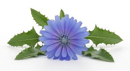 A vibrant blue chicory flower with green serrated leaves on a white background, showcasing its natural beauty.
