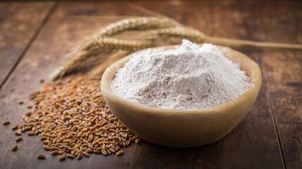 Fresh spelt flour in a wooden bowl with whole grains on a rustic table. Generative AI