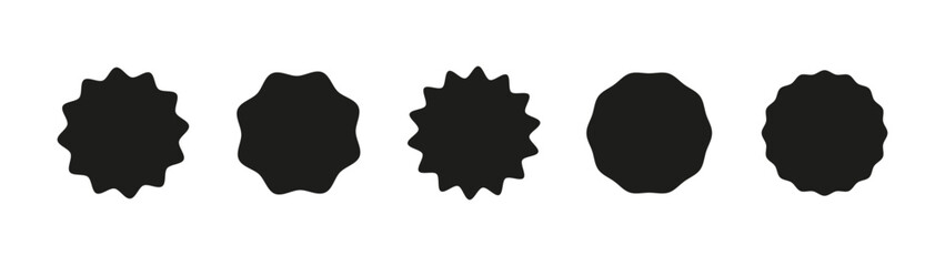 Circle black stickers. Set of wavy edge promo round badges. Star burst shape tags for prices. Blank sale stickers. Silhouette simple icons. Vintage labels flat graphic isolated on white background.