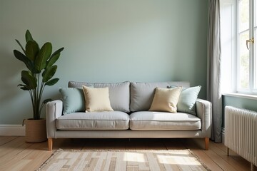 Fototapeta premium Photograph of Oversized Sofa Squeezed into a Tight Space, Overwhelming the Room and Highlighting Design Flaw