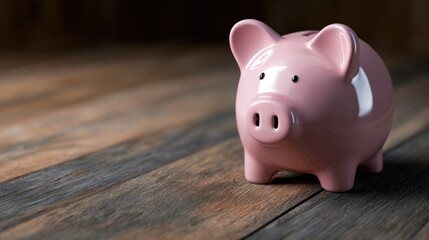 Fototapeta premium Pink piggy bank sits on wooden surface with soft lighting, highlighting savings concept for financial goals and budgeting practices