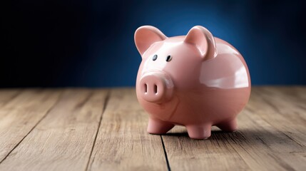 Fototapeta premium Bright pink piggy bank sits on a wooden surface under soft blue lighting