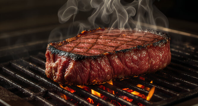 Juicy steak grilling, smoke rising. Perfect for restaurant menus, food blogs, bbq promotions, cooking classes, and culinary social media posts.