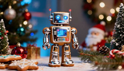 Gingerbread robot decorated with metallic icing and LED-style details. Sci-fi holiday baking.