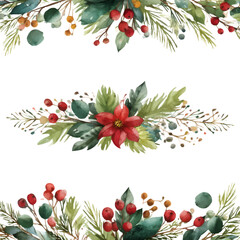 Naklejka premium Watercolor christmas floral border with poinsettia, holly, red berries, and pine foliage, creating a festive winter season frame on a transparent background