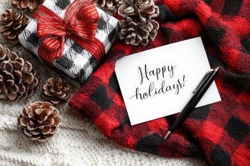Happy holidays card with gift box, pine cones, and plaid blanket