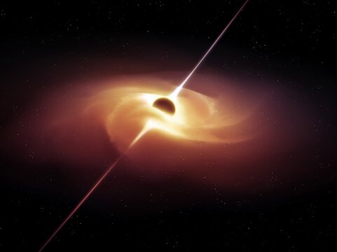 Quasar with energetic jets in space. Active galactic nucleus with supermassive black hole and accretion disk.
