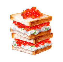 Stacked watercolor sandwiches with red caviar and creamy cheese, garnished with redcurrants and parsley on a transparent background  elegant, festive appetizer illustration