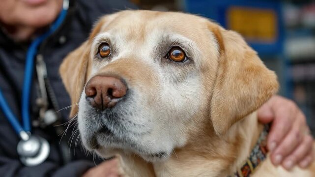 Golden Labrador receives caring attention from veterinarian in clinic during routine check-up