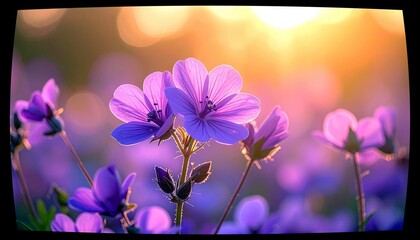A close-up view of delicate purple wildflowers in soft focus, illuminated by the warm glow of golden hour sunlight.