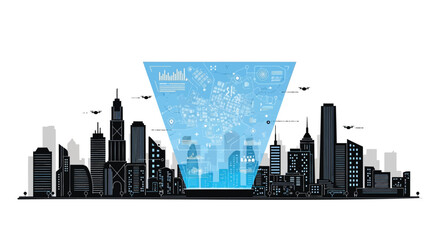 Fototapeta premium Futuristic city skyline with glowing blue holographic projection of digital data and network connections