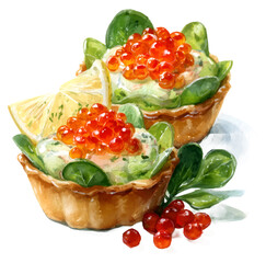 Elegant watercolor illustration depicting two festive tartlets filled with red caviar. Creamy spread. Fresh greens. And a slice of lemon
