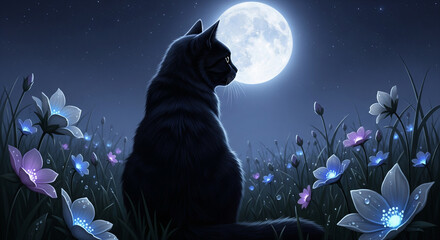 cat in the night and moon