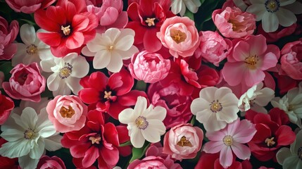 Floral tapestry of tulips, peonies and dog roses creating a rich texture of blossoms