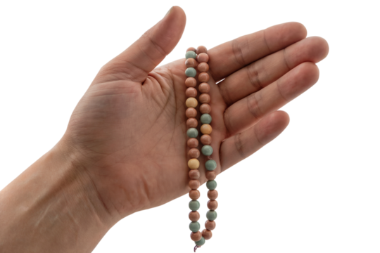 hand holding wooden beads necklace . Isolated on transparent background, png