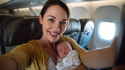 Smiling mother holds sleeping baby while traveling on a plane during daytime flight