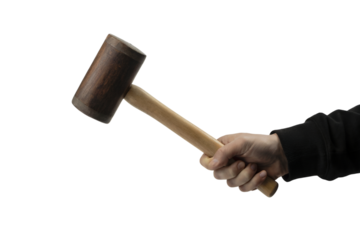 hand holding a wooden hammer ready to work . Isolated on transparent background, png