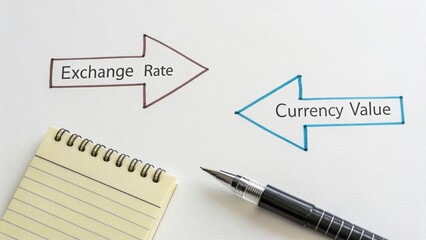 Exchange Rate and Currency Illustrated with Arrows and Pen