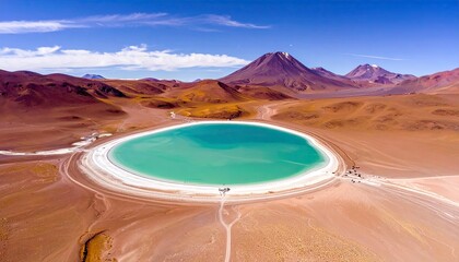 An aerial view of a vibrant turquoise lagoon in the Atacama Desert, Chile, surrounded by barren, rocky terrain and majestic volcanoes under a bright blue sky.